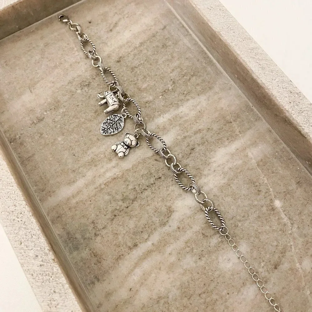 925 Sterling Silver Elephant Bear Leaf Charm Bracelet Chain Link Bracelet